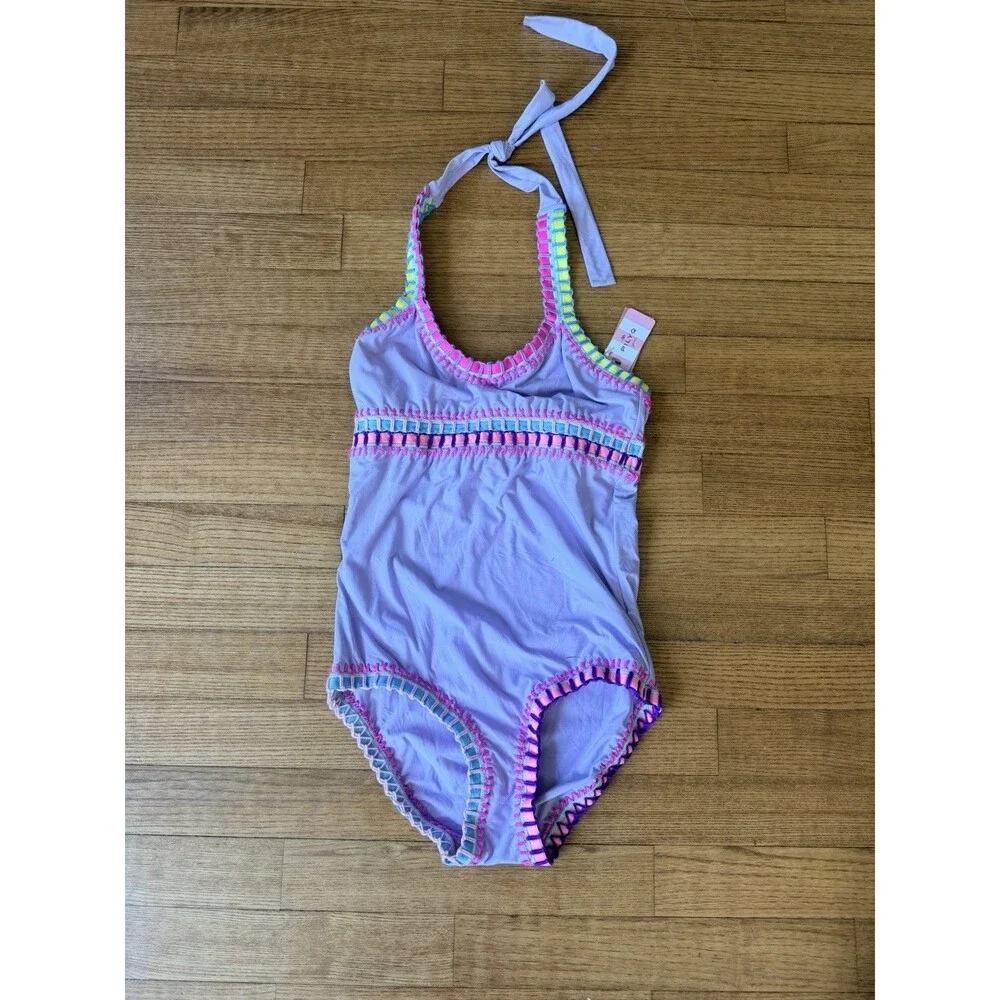 NWT Pilyq PQ 1 Piece Swimsuit Girls 14 Purple Halter Tie Stitched Hem $76 MSRP
